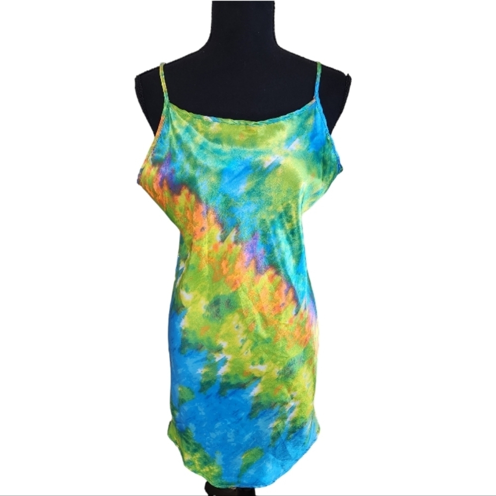 EMME JORDAN abstract watercolor print satin slip dress blue green orange size M